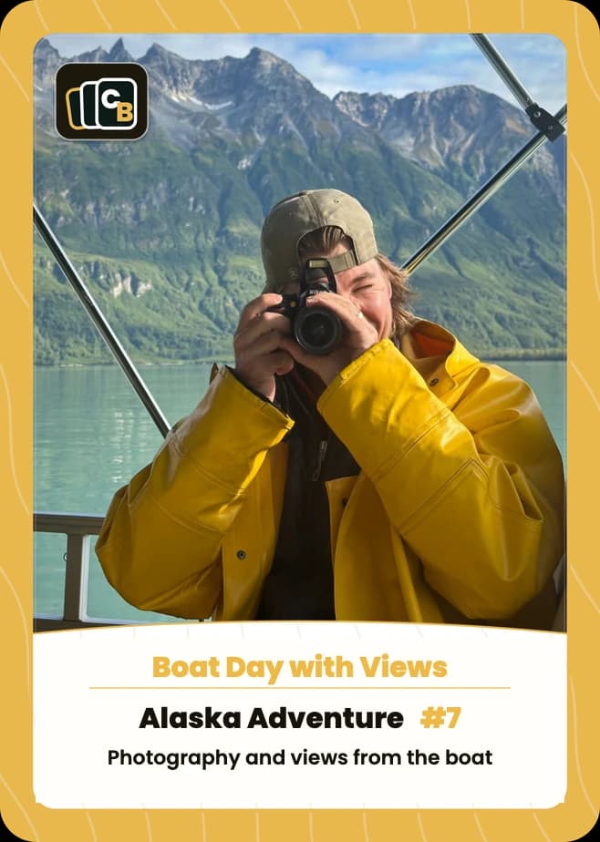 Real vacation trading card featuring photography from a mountain boat trip