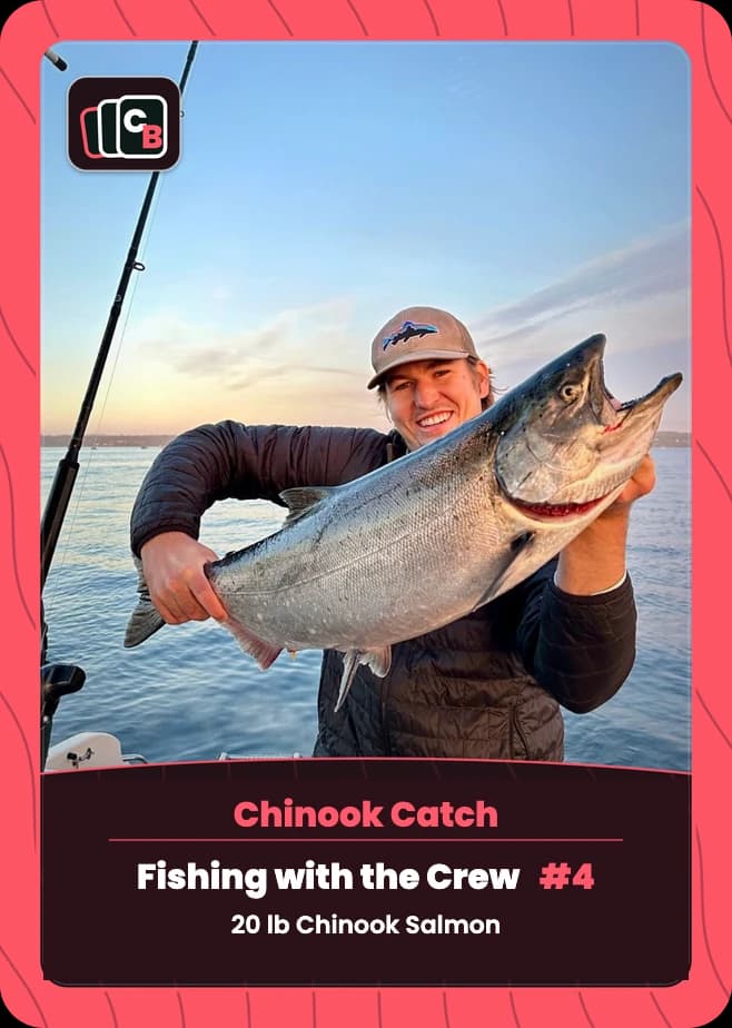 Real custom fishing trip trading card featuring a Chinook salmon catch