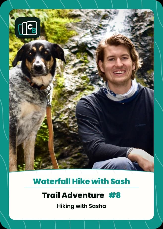 Real custom pet card featuring a dog and owner on a waterfall hike