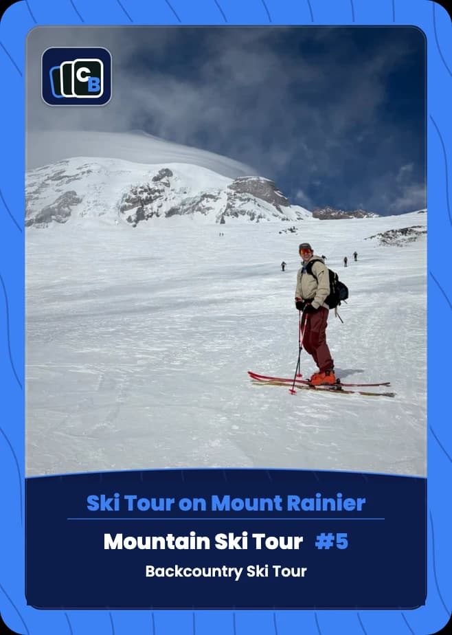Real custom ski trip trading card featuring a skier on Mount Rainier