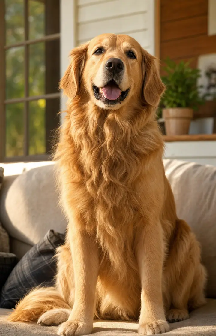 Original fictional golden retriever photo before it is placed into a custom pet trading card