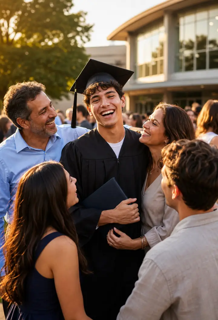 Original fictional graduation celebration photo before it is placed into a custom event trading card