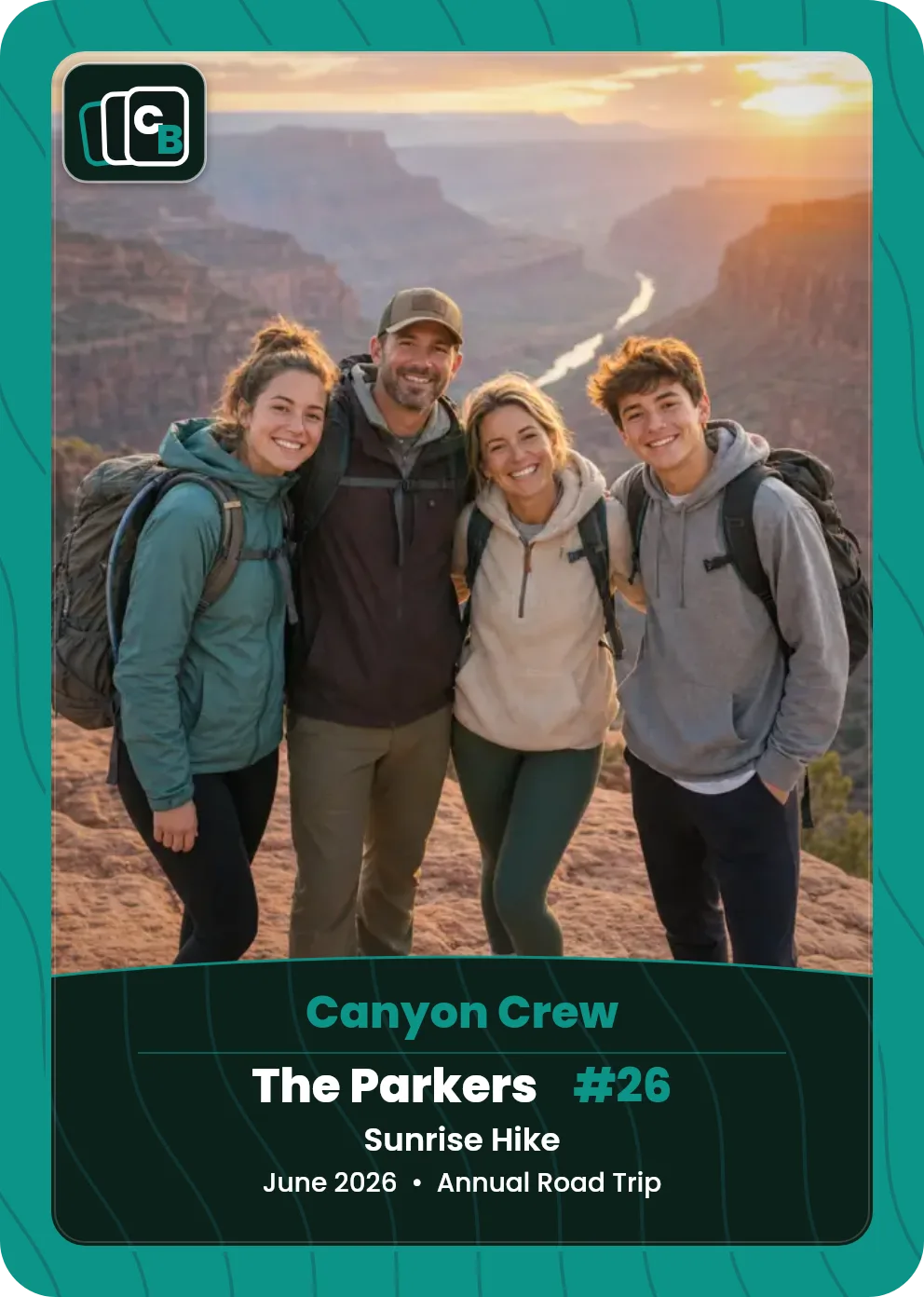 Custom travel keepsake trading card made from a trip photo, with a personalized nameplate. custom.