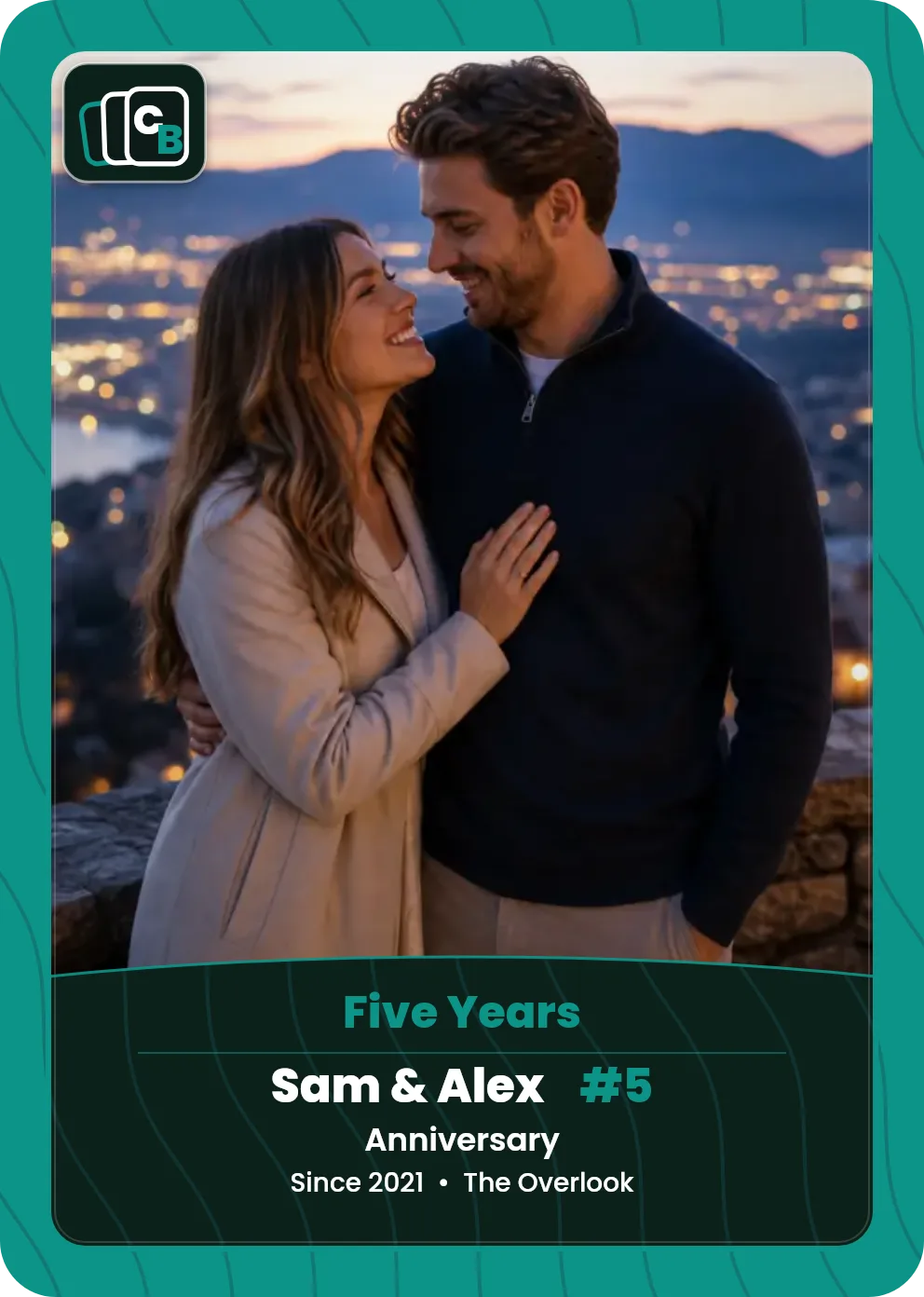 Custom keepsake trading card made from a couple's photo, with a personalized nameplate. custom.