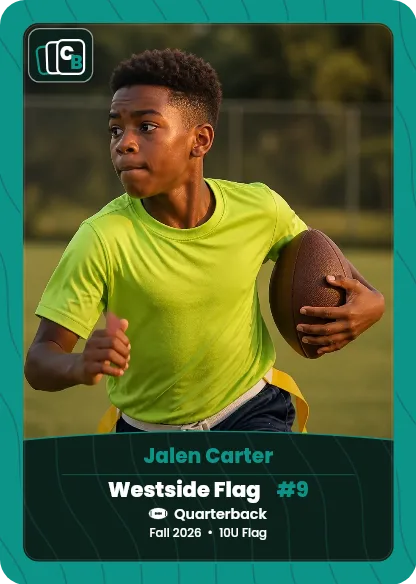 Custom football trading card made from a player photo, with team, position, and season on the nameplate