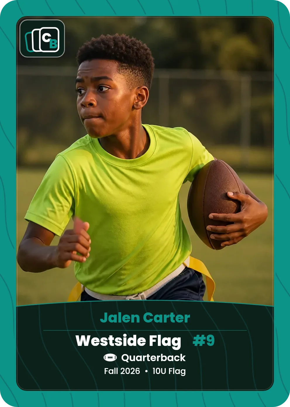Custom football trading card made from a player photo, with team, position, and season on the nameplate