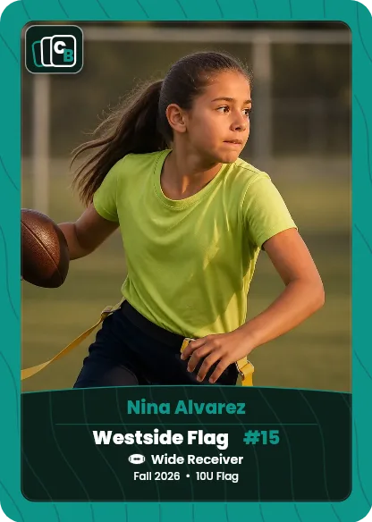 Custom flag football trading card made from a player photo, with team, position, and season on the nameplate
