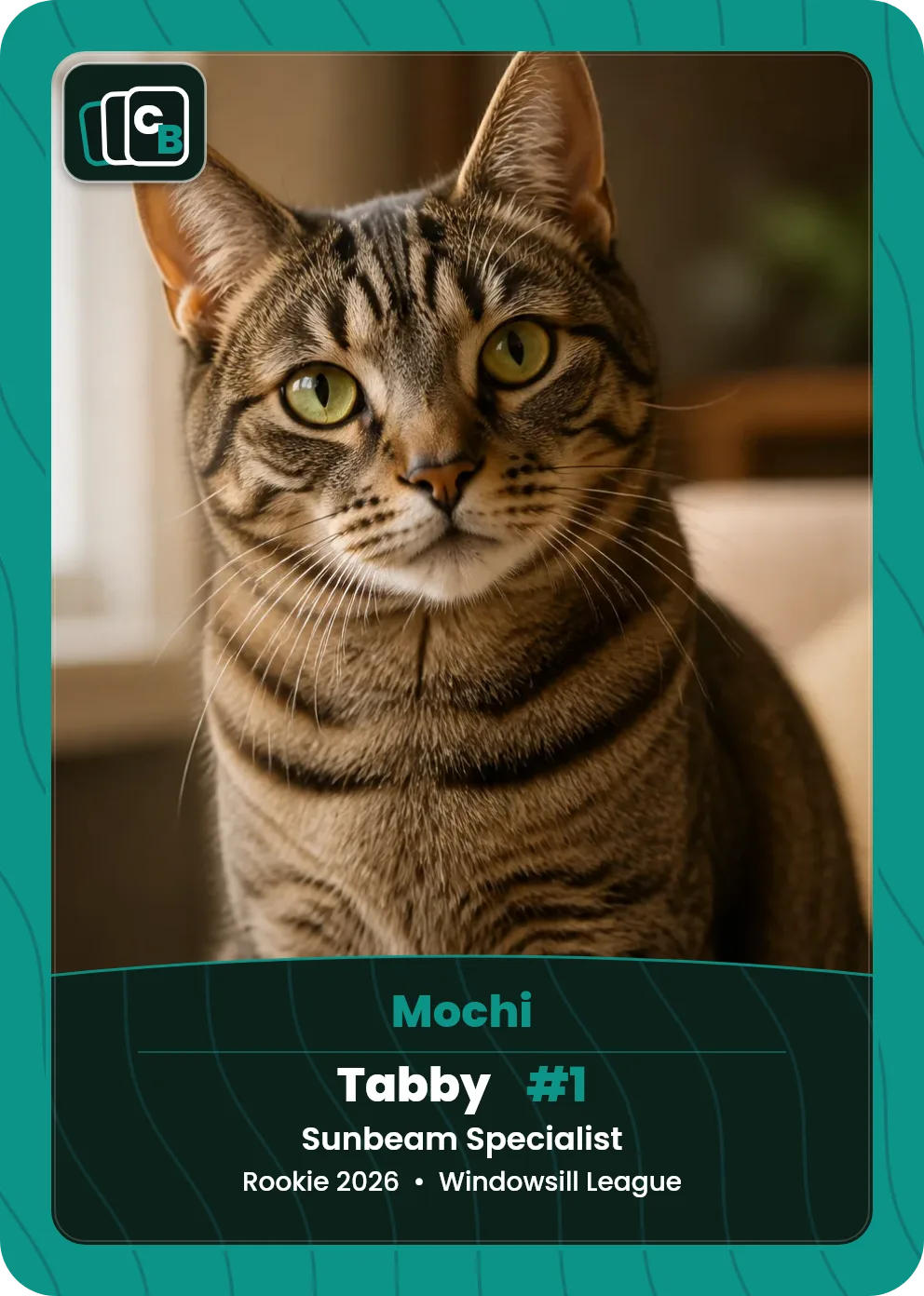 Custom pet trading card made from a pet photo, with a personalized nameplate. custom.