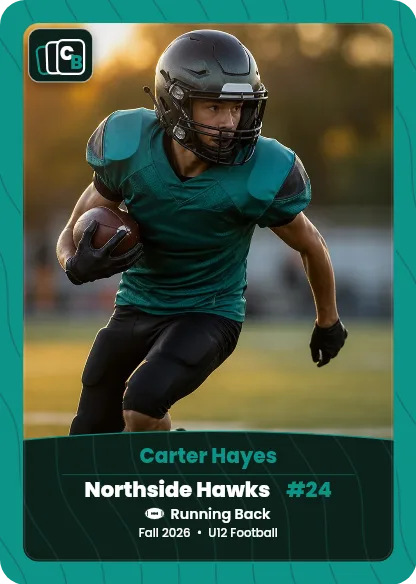 Custom football trading card made from a player photo, with team, position, and season on the nameplate