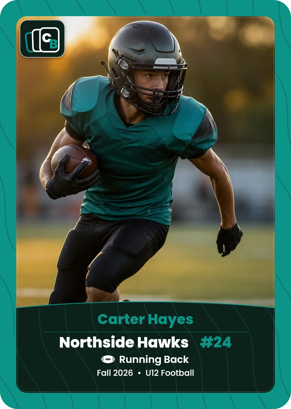 Custom football trading card made from a player photo, with team, position, and season on the nameplate