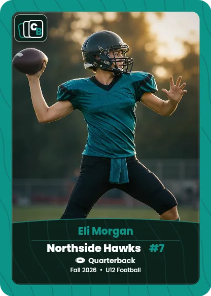 Custom football trading card made from a player photo, with team, position, and season on the nameplate