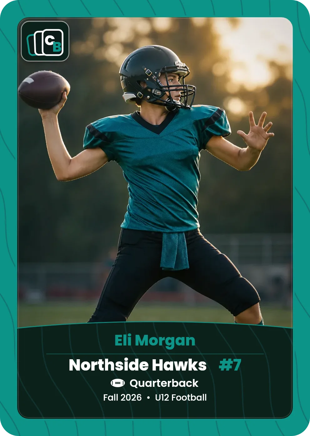 Custom football trading card made from a player photo, with team, position, and season on the nameplate