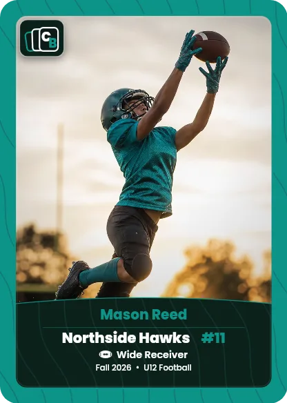 Custom football trading card made from a player photo, with team, position, and season on the nameplate