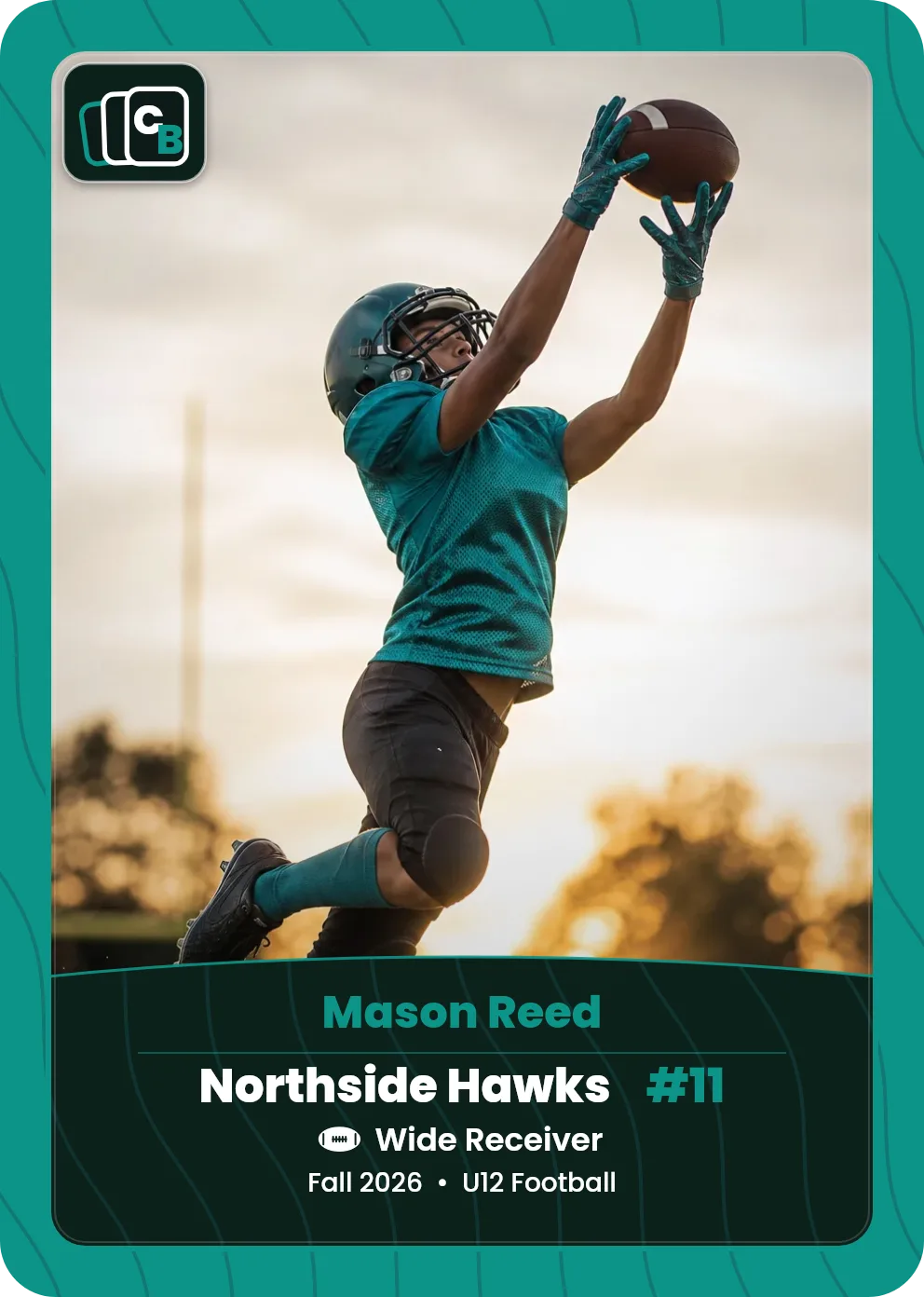 Custom football trading card made from a player photo, with team, position, and season on the nameplate
