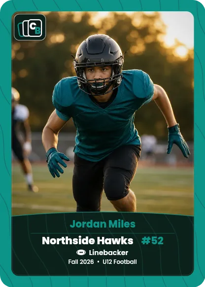 Custom football trading card made from a player photo, with team, position, and season on the nameplate