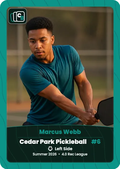 Custom pickleball trading card made from a player photo, with team, position, and season on the nameplate