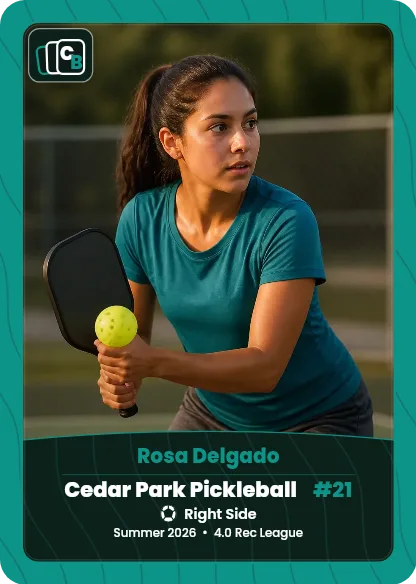 Custom pickleball trading card made from a player photo, with team, position, and season on the nameplate