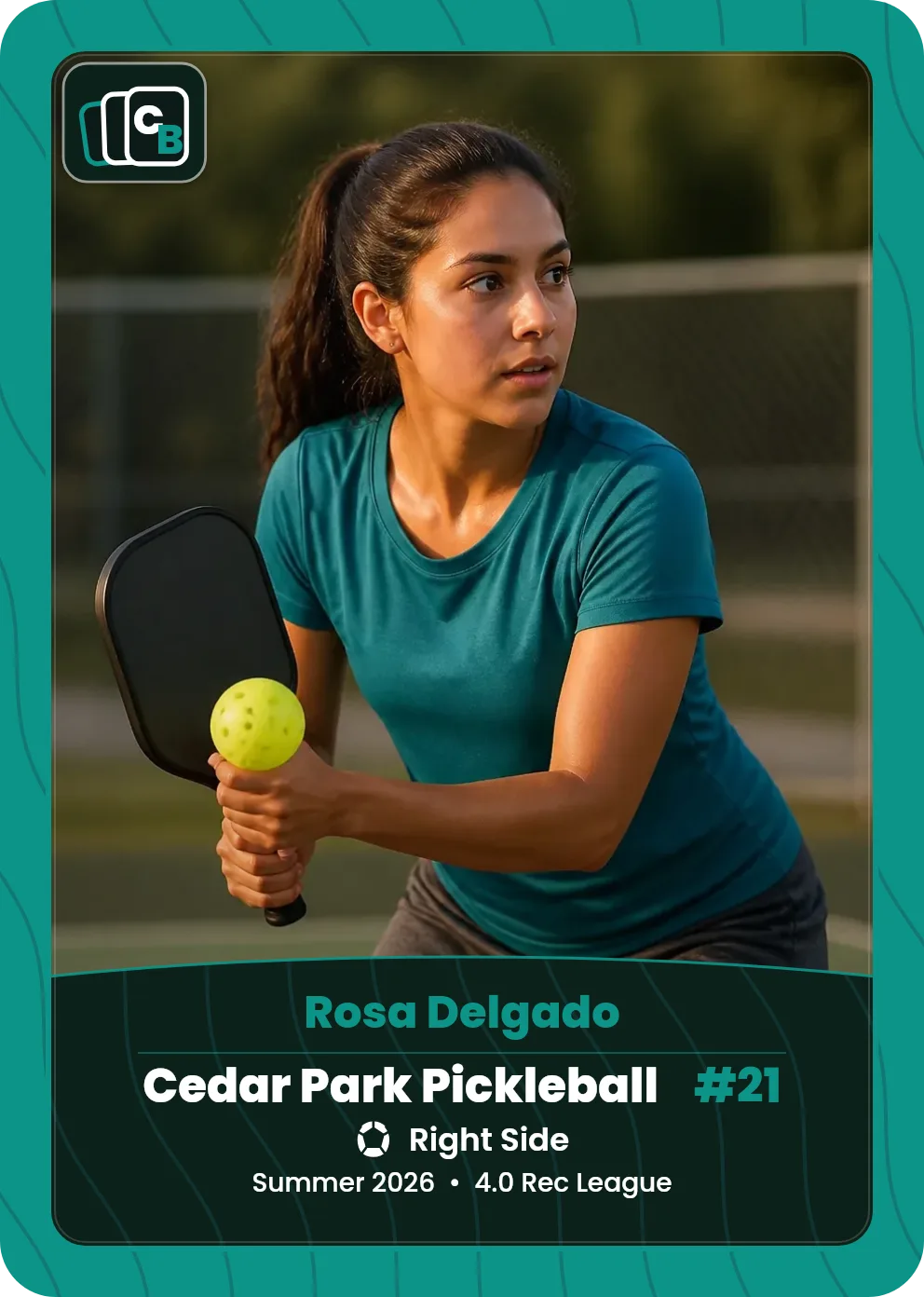 Custom pickleball trading card made from a player photo, with team, position, and season on the nameplate