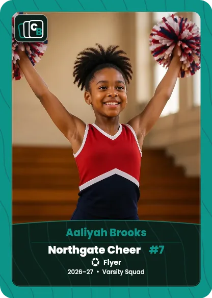 Custom cheer trading card made from a player photo, with team, position, and season on the nameplate