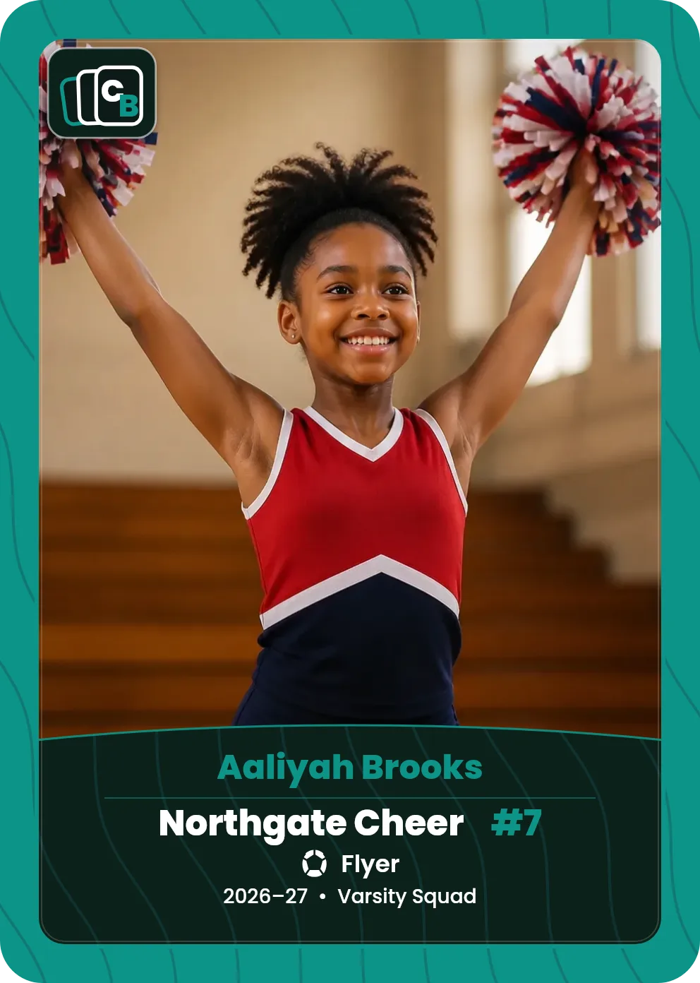 Custom cheer trading card made from a player photo, with team, position, and season on the nameplate