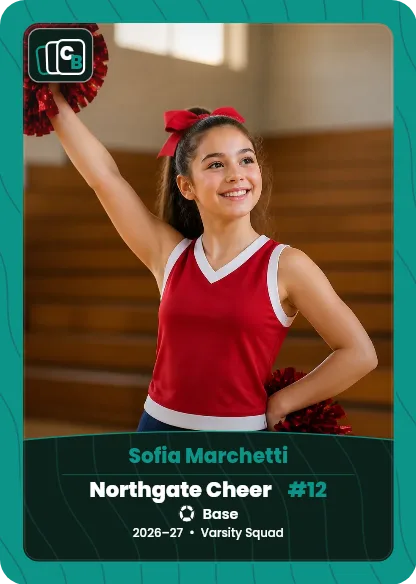 Custom cheer trading card made from a player photo, with team, position, and season on the nameplate