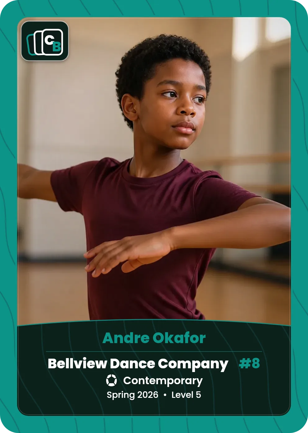 Custom dance trading card made from a player photo, with team, position, and season on the nameplate