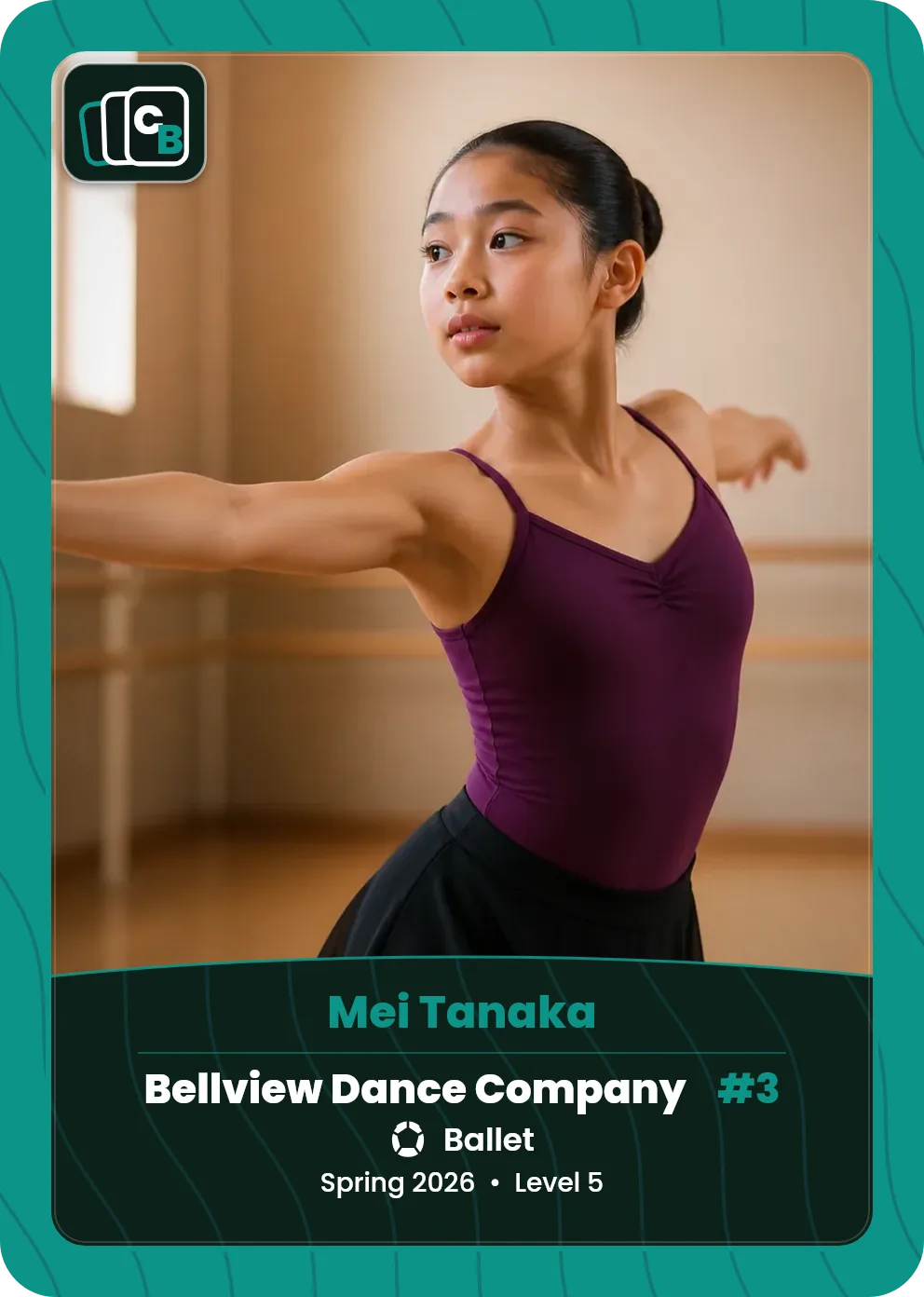 Custom dance trading card made from a player photo, with team, position, and season on the nameplate