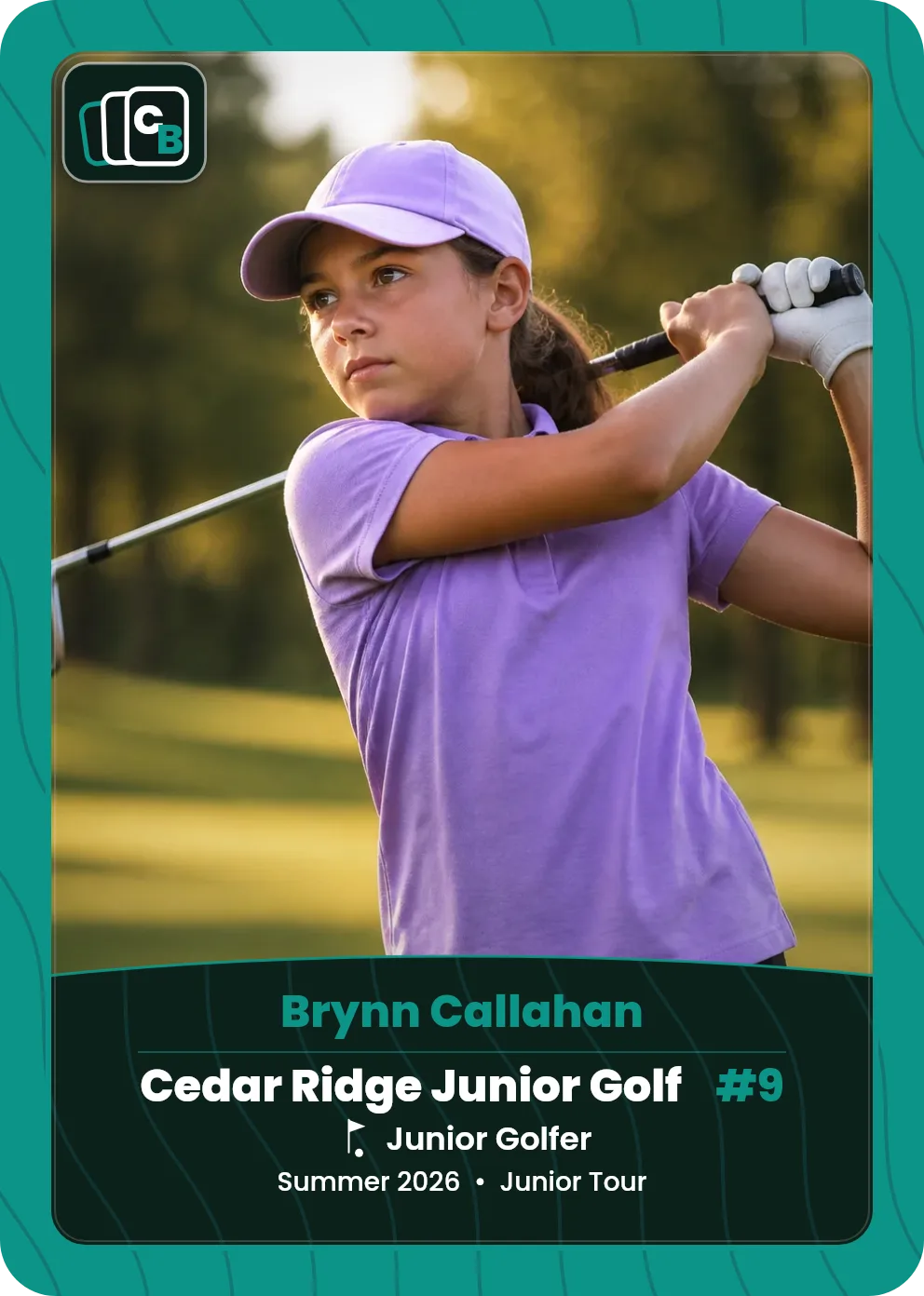 Custom golf trading card made from a player photo, with team, position, and season on the nameplate