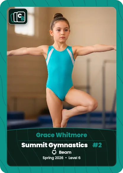 Custom gymnastics trading card made from a player photo, with team, position, and season on the nameplate