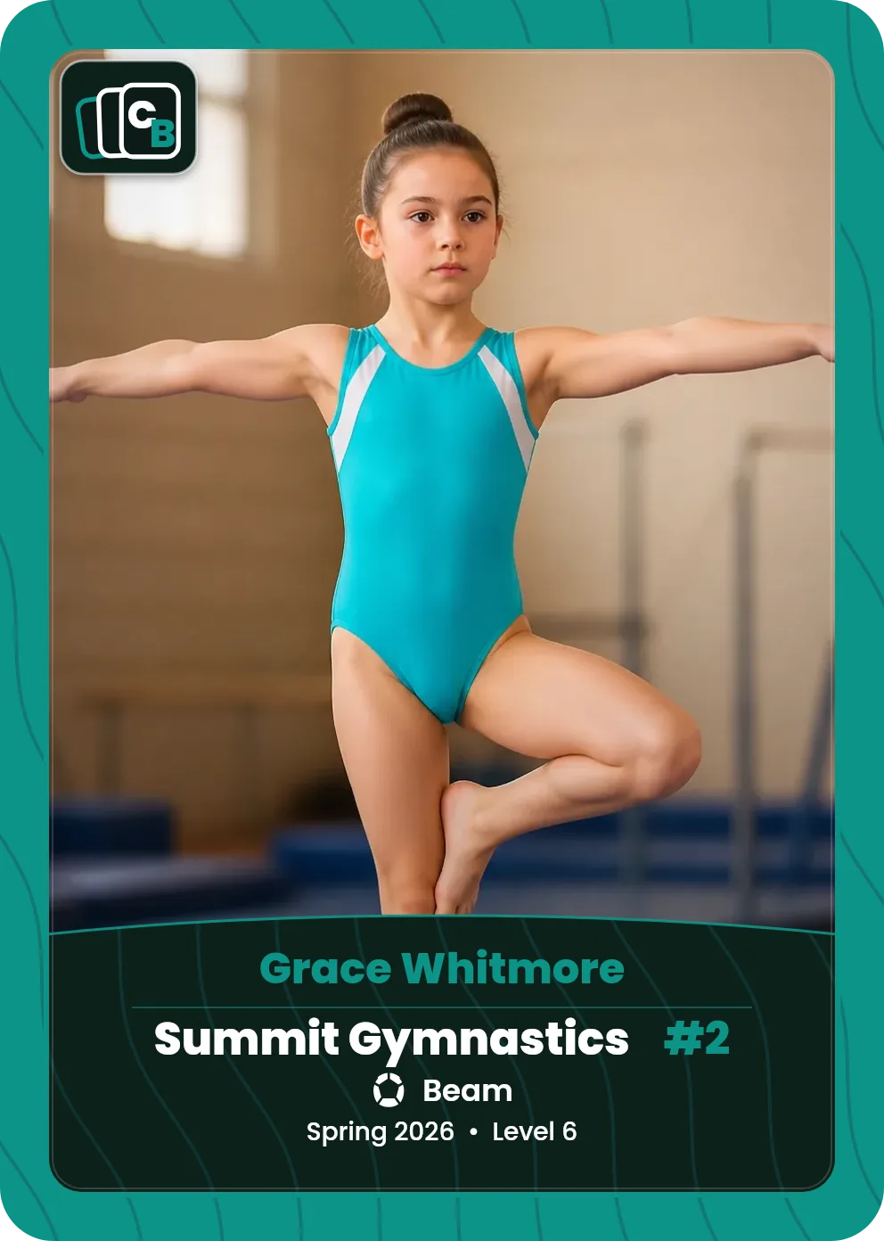 Custom gymnastics trading card made from a player photo, with team, position, and season on the nameplate