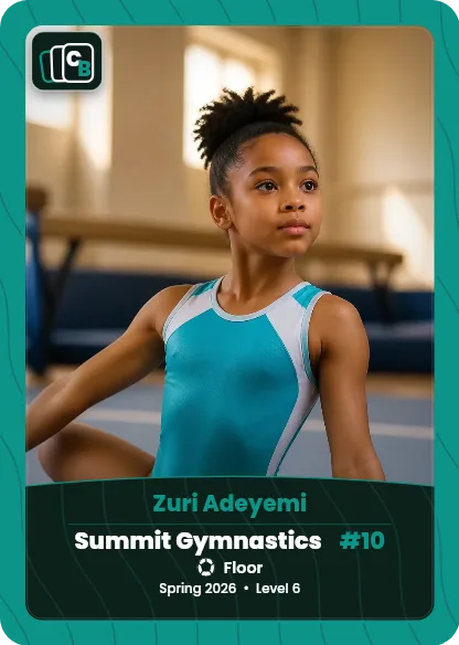 Custom gymnastics trading card made from a player photo, with team, position, and season on the nameplate