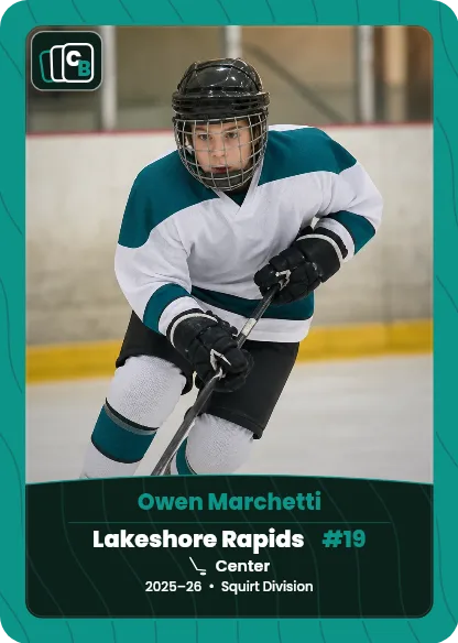 Custom hockey trading card made from a player photo, with team, position, and season on the nameplate
