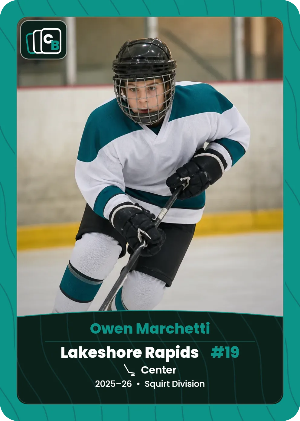 Custom hockey trading card made from a player photo, with team, position, and season on the nameplate