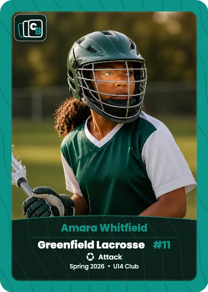 Custom lacrosse trading card made from a player photo, with team, position, and season on the nameplate