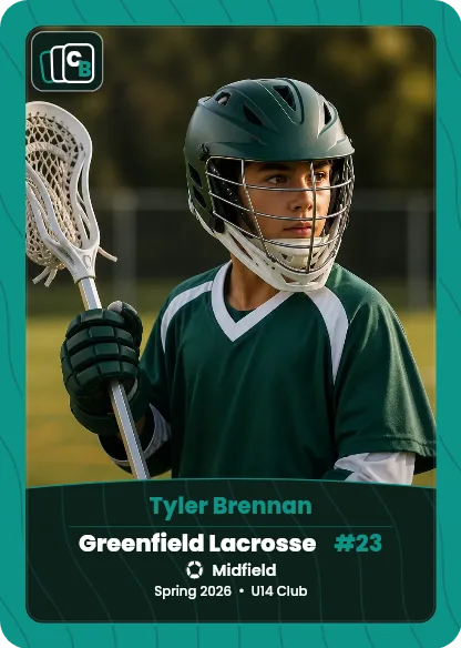 Custom lacrosse trading card made from a player photo, with team, position, and season on the nameplate