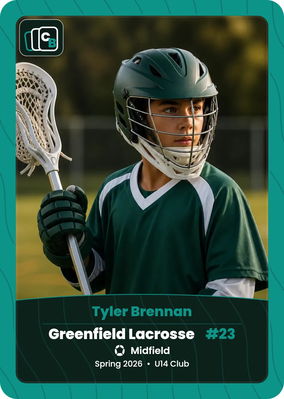 Custom lacrosse trading card made from a player photo, with team, position, and season on the nameplate