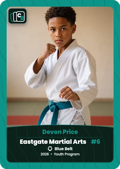 Custom martial arts trading card made from a player photo, with team, position, and season on the nameplate
