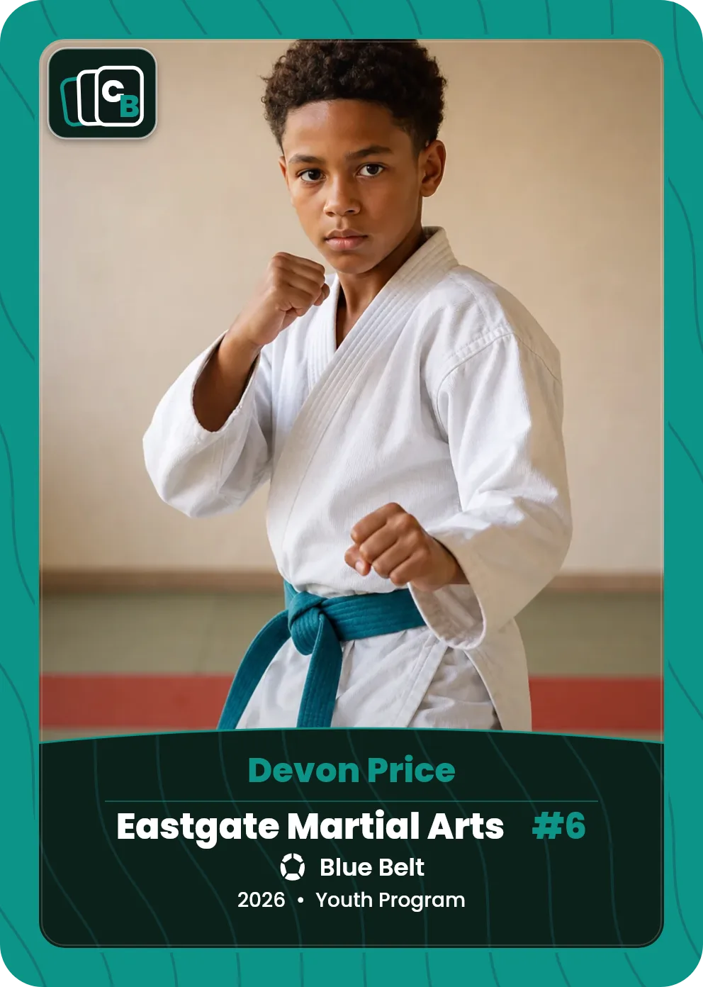 Custom martial arts trading card made from a player photo, with team, position, and season on the nameplate
