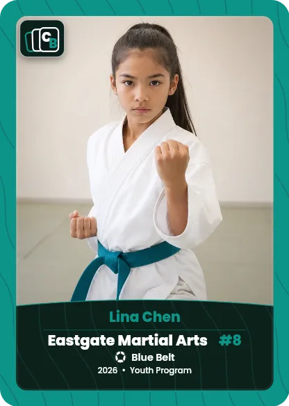 Custom martial arts trading card made from a player photo, with team, position, and season on the nameplate
