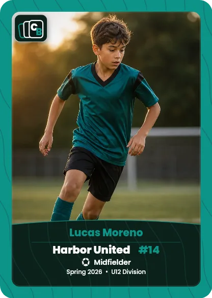 Custom soccer trading card made from a player photo, with team, position, and season on the nameplate