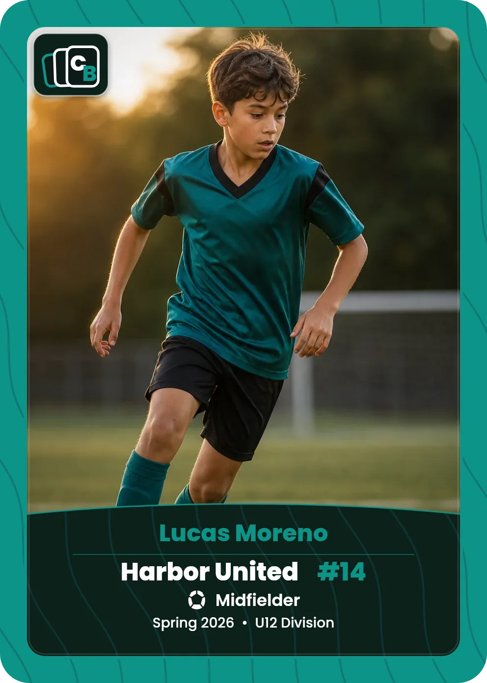 Custom soccer trading card made from a player photo, with team, position, and season on the nameplate