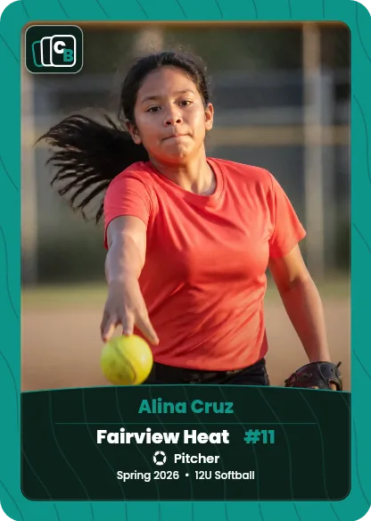 Custom softball trading card made from a player photo, with team, position, and season on the nameplate