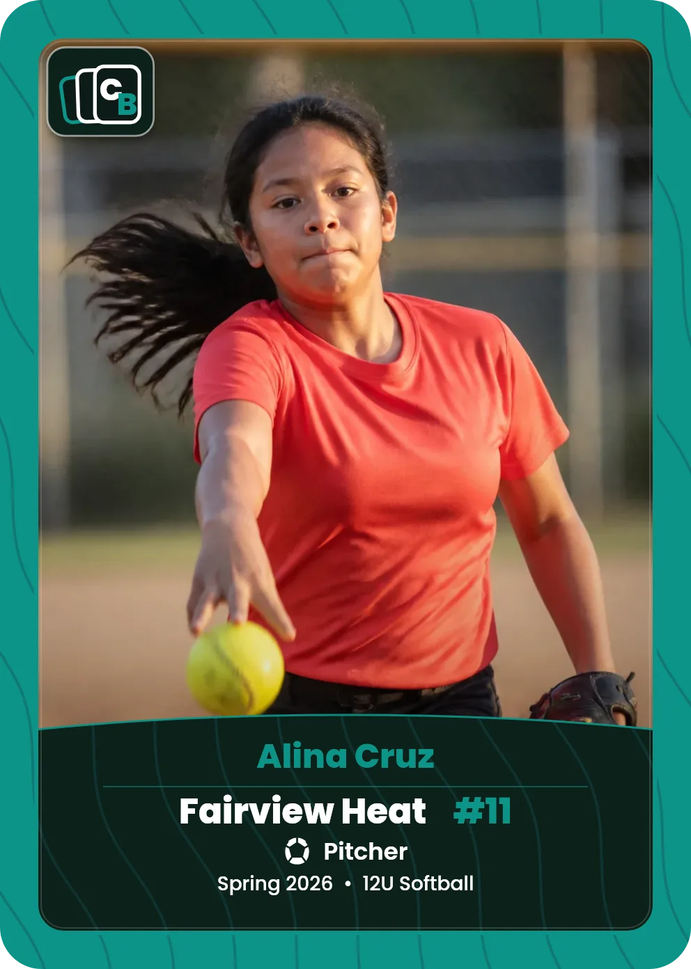 Custom softball trading card made from a player photo, with team, position, and season on the nameplate