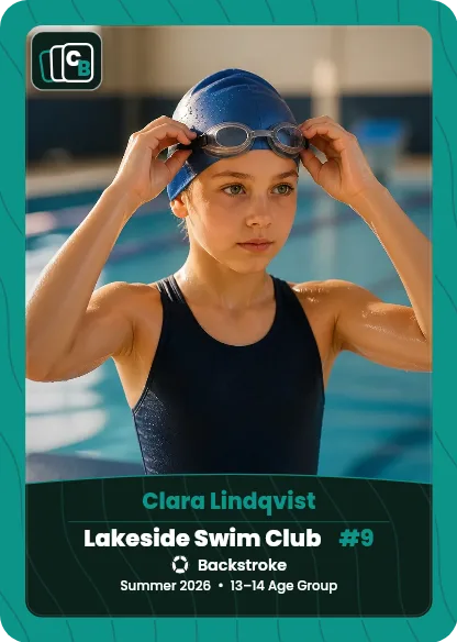 Custom swimming trading card made from a player photo, with team, position, and season on the nameplate
