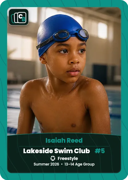 Custom swimming trading card made from a player photo, with team, position, and season on the nameplate