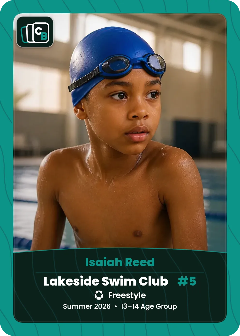 Custom swimming trading card made from a player photo, with team, position, and season on the nameplate