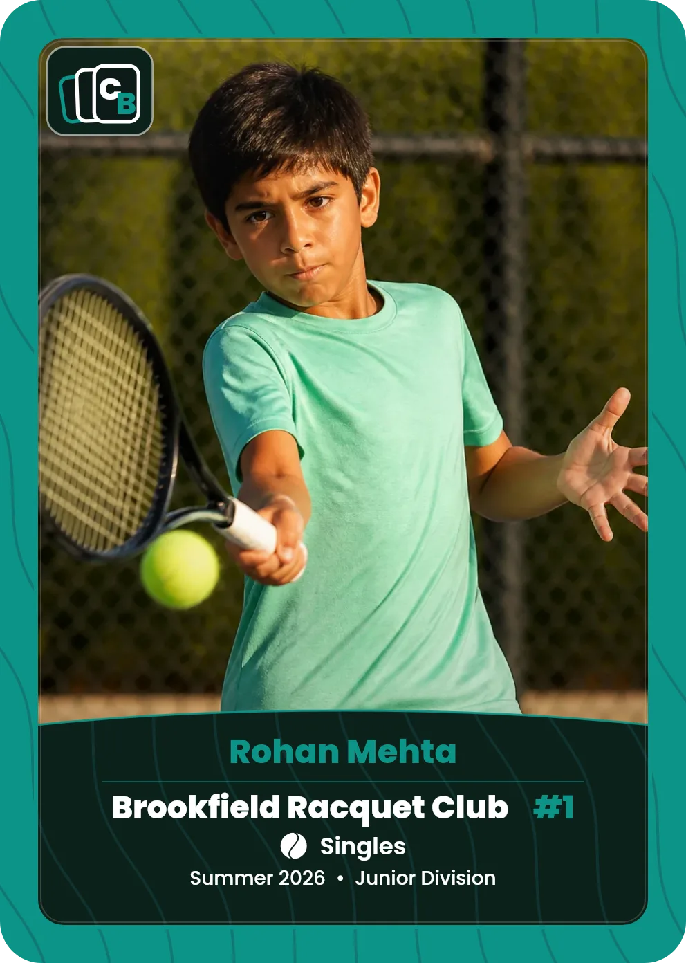 Custom tennis trading card made from a player photo, with team, position, and season on the nameplate