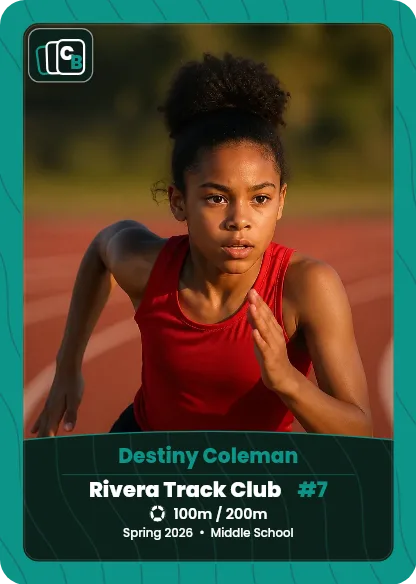 Custom track & field trading card made from a player photo, with team, position, and season on the nameplate