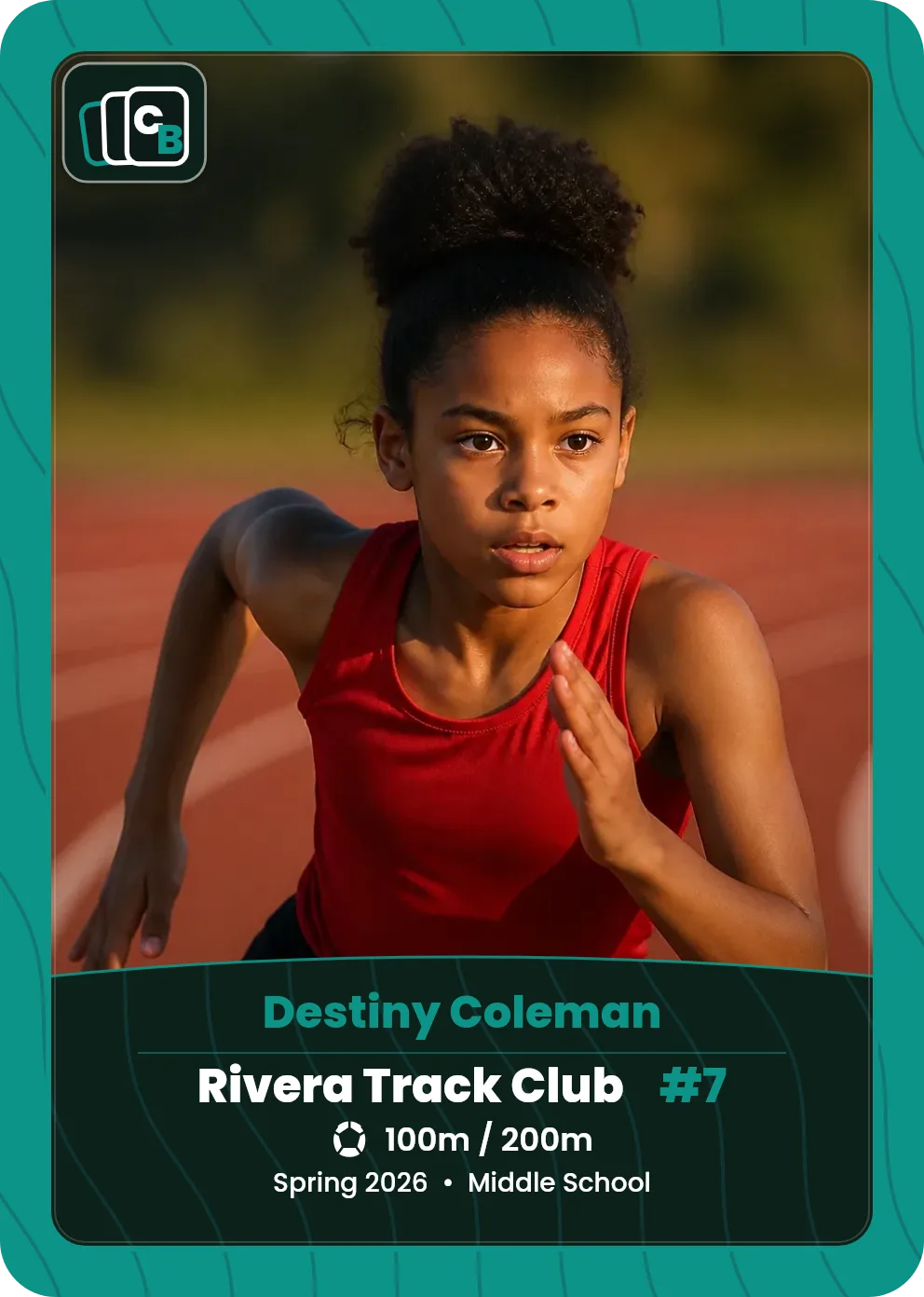 Custom track trading card made from a player photo, with team, position, and season on the nameplate