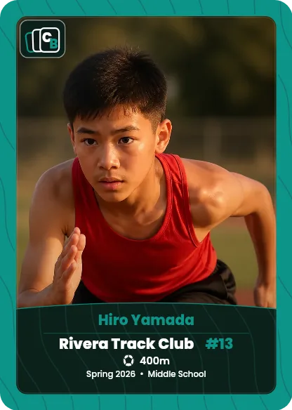 Custom track & field trading card made from a player photo, with team, position, and season on the nameplate